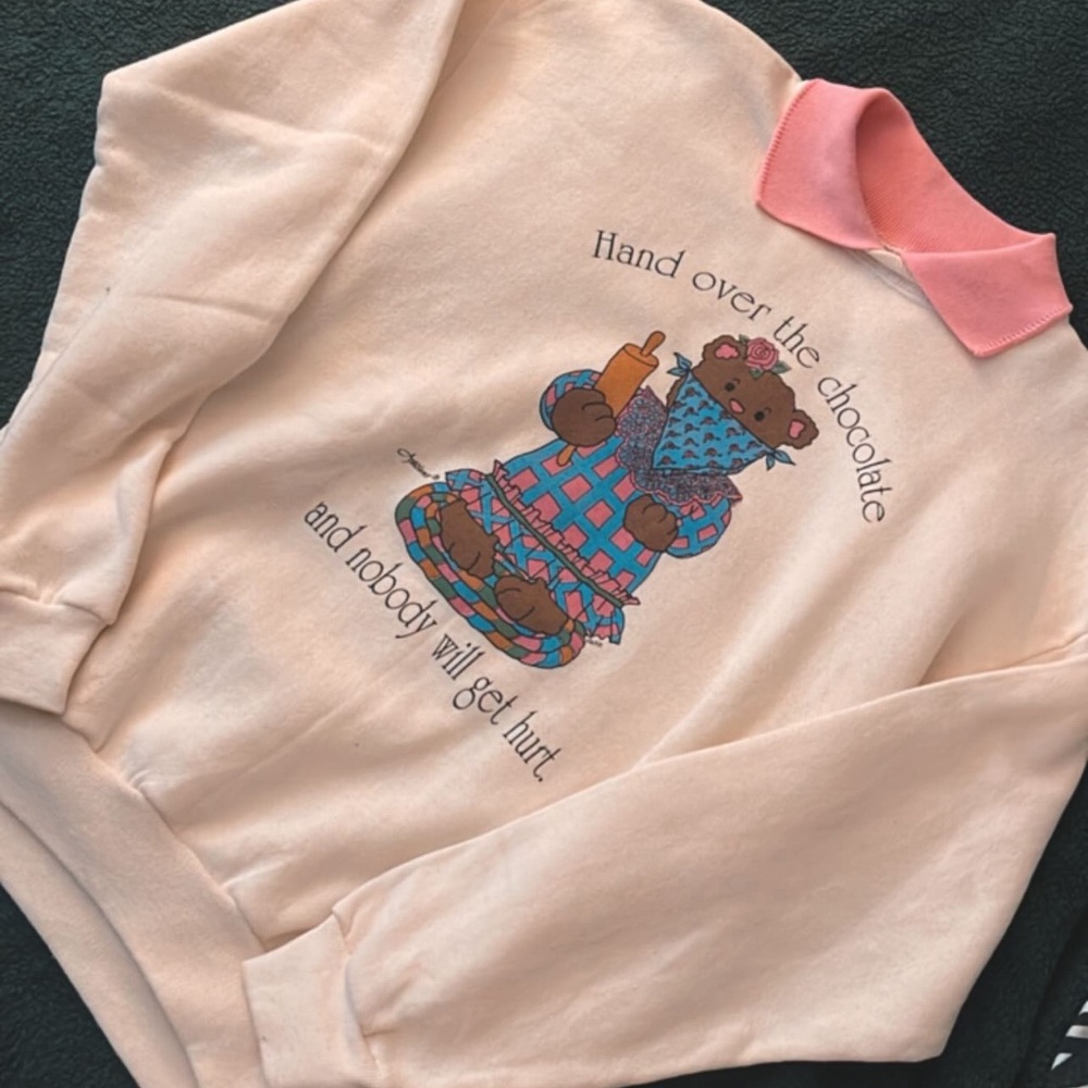 Soft Pink Crew Neck Sweater with Edgey Bear Graphic
